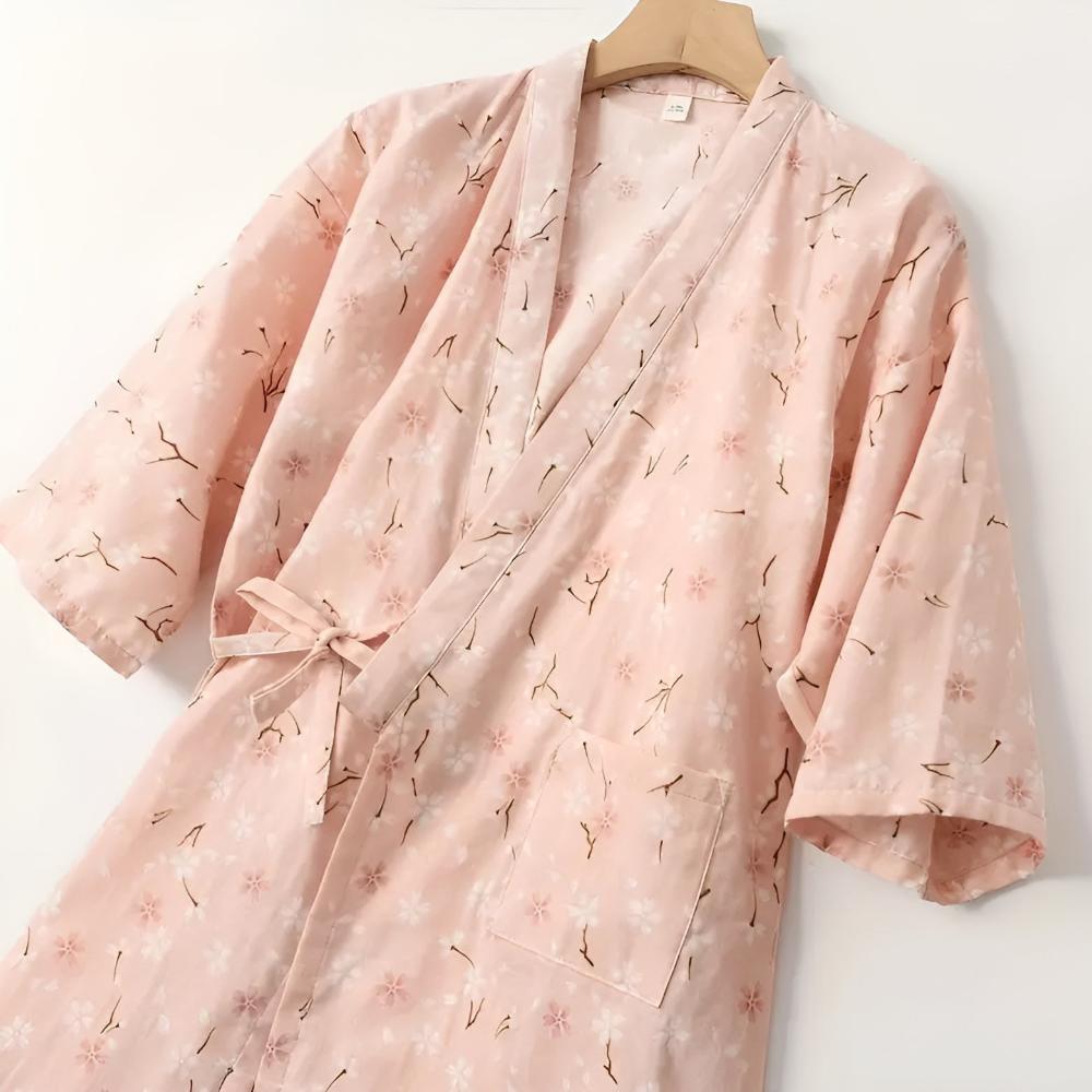 Floral Cotton Yukata Bathrobe with Adjustable Waist
