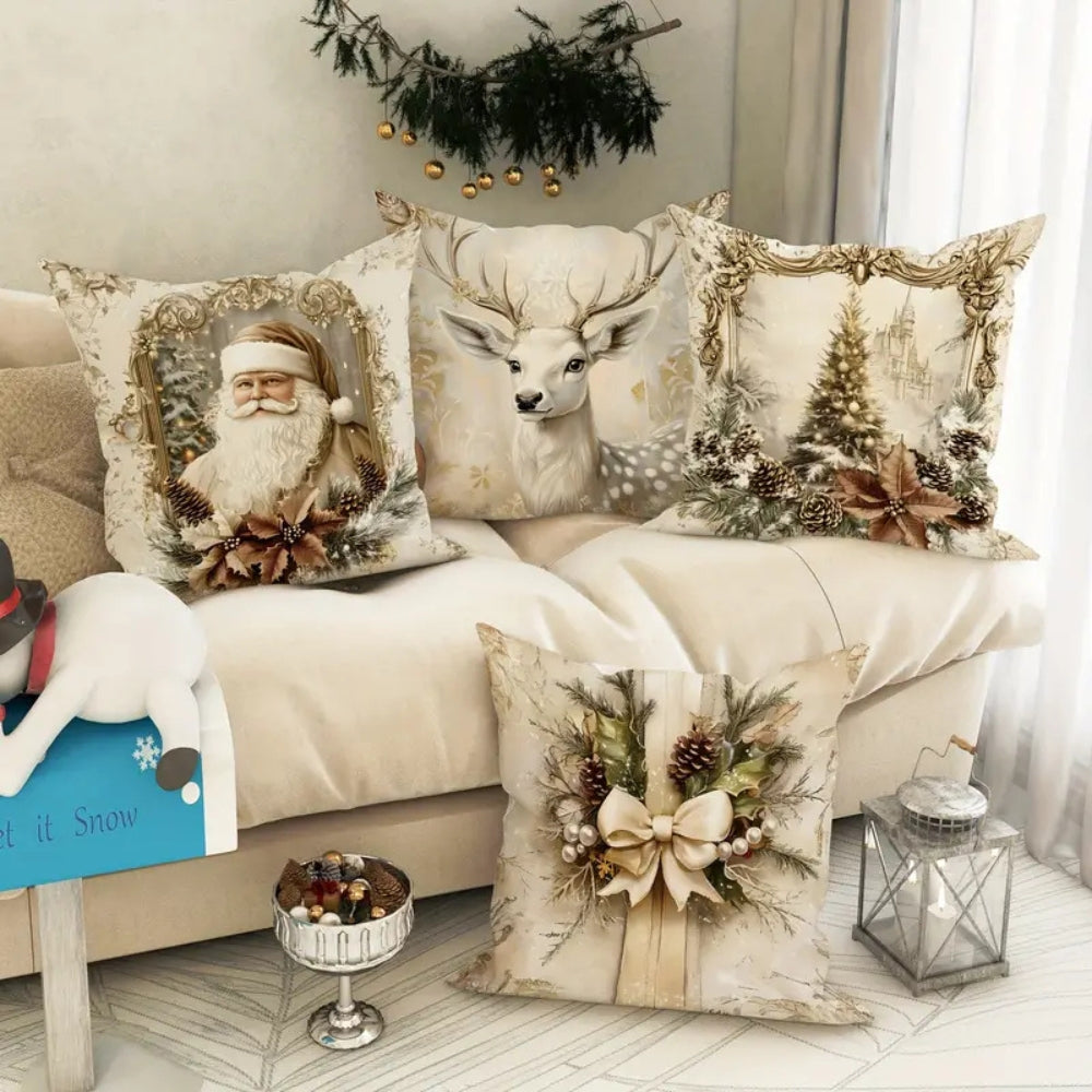 Golden Velvet Christmas Cushion Covers with Santa and Deer Designs