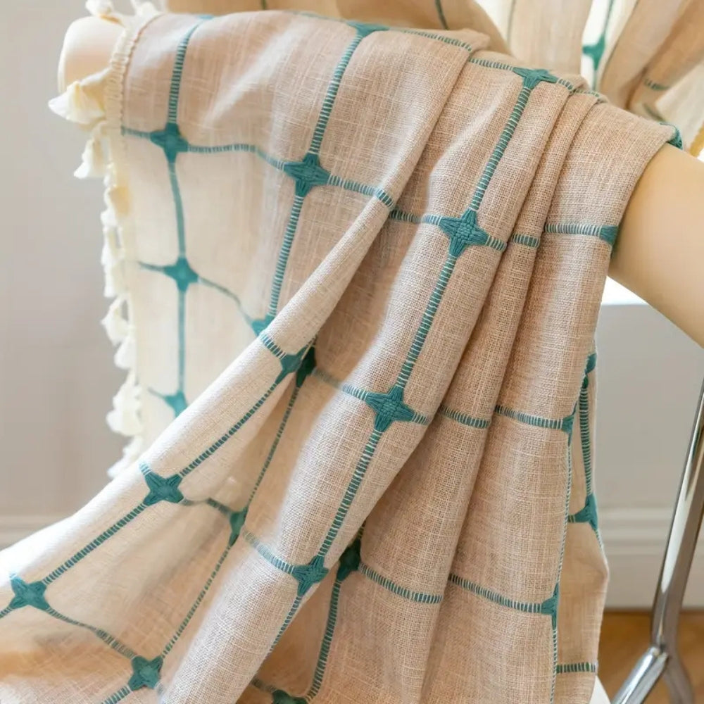 Turquoise Lattice Boho Tassel Semi-Blackout Curtain