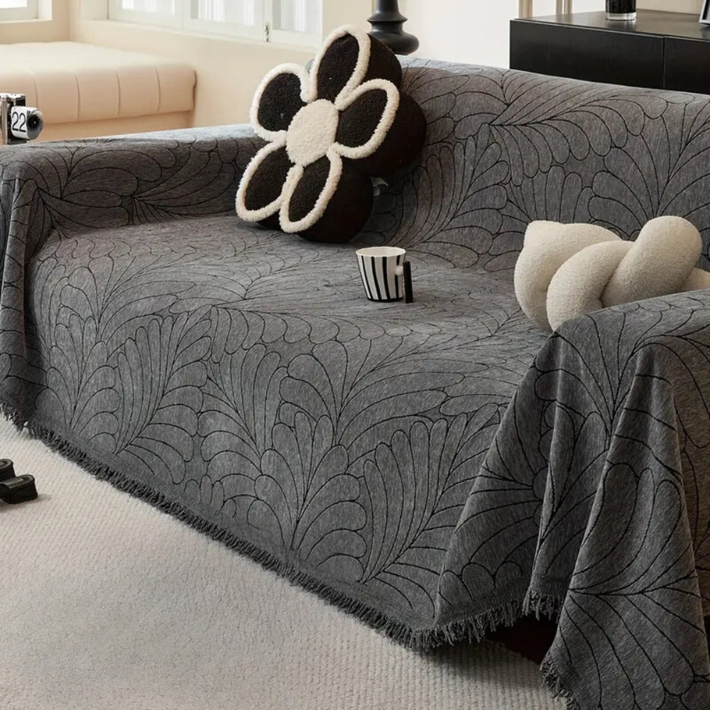 Reversible Jacquard Leaf Sofa Cover in Olive Green or Charcoal Gray