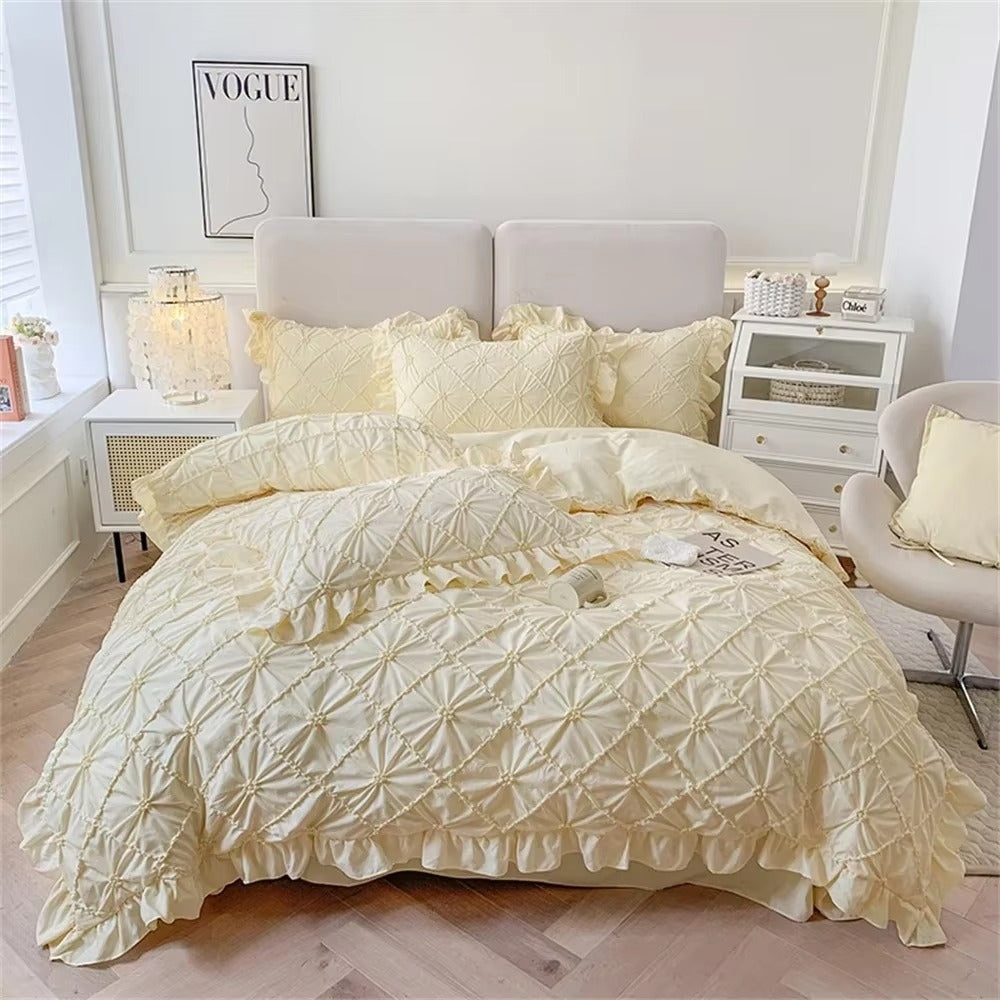 Cotton Plush Ruffle Bedding Set with Pinch Pleats