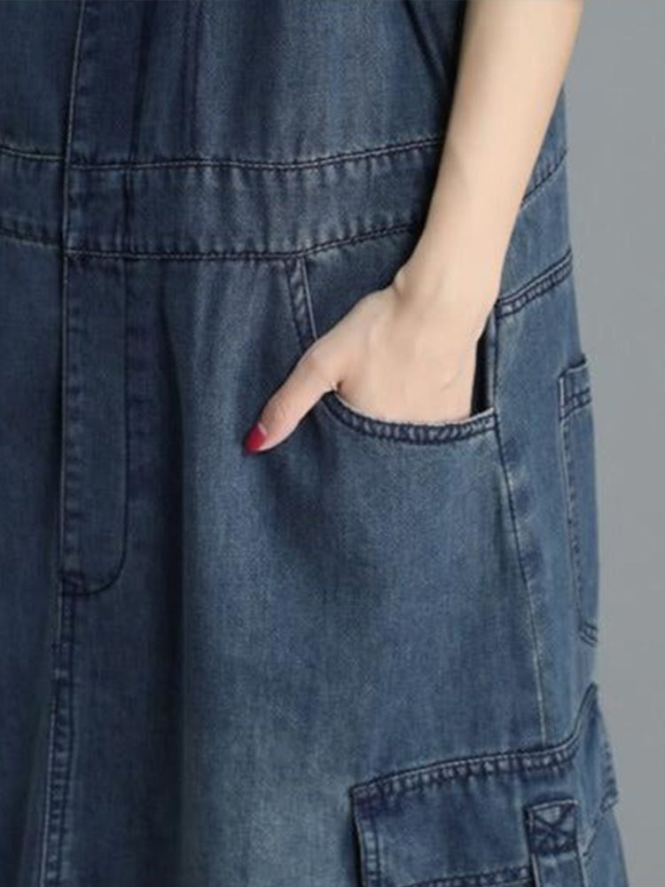 Loose Fit Vintage Denim Overall Dress with Adjustable Straps