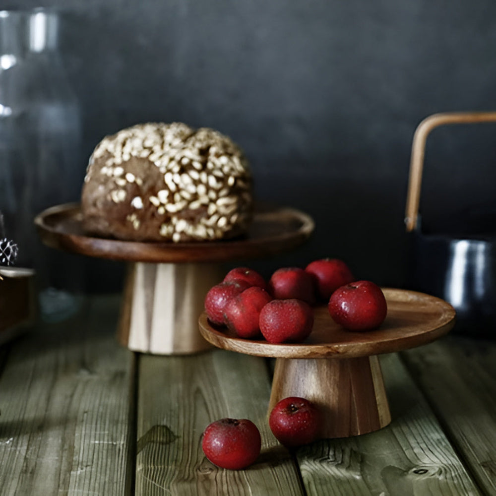 Round High Stand Wooden Cake Plate in Natural Finish