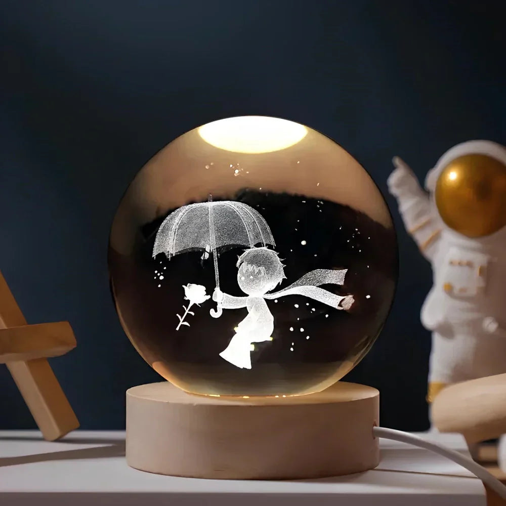 3D LED Crystal Ball Night Light with Wooden Base