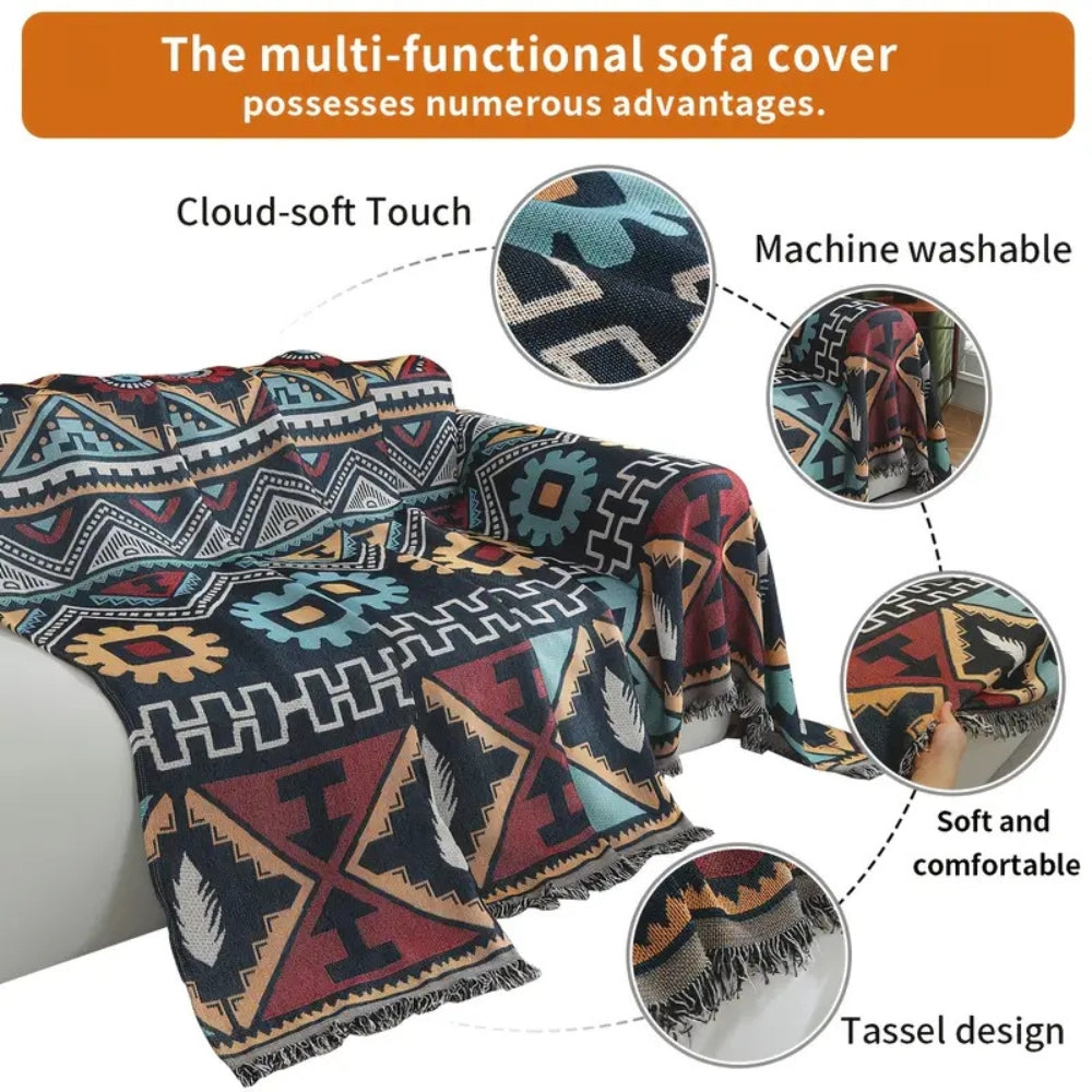 Aztec Geometric Microfiber Sofa Cover with Tassels
