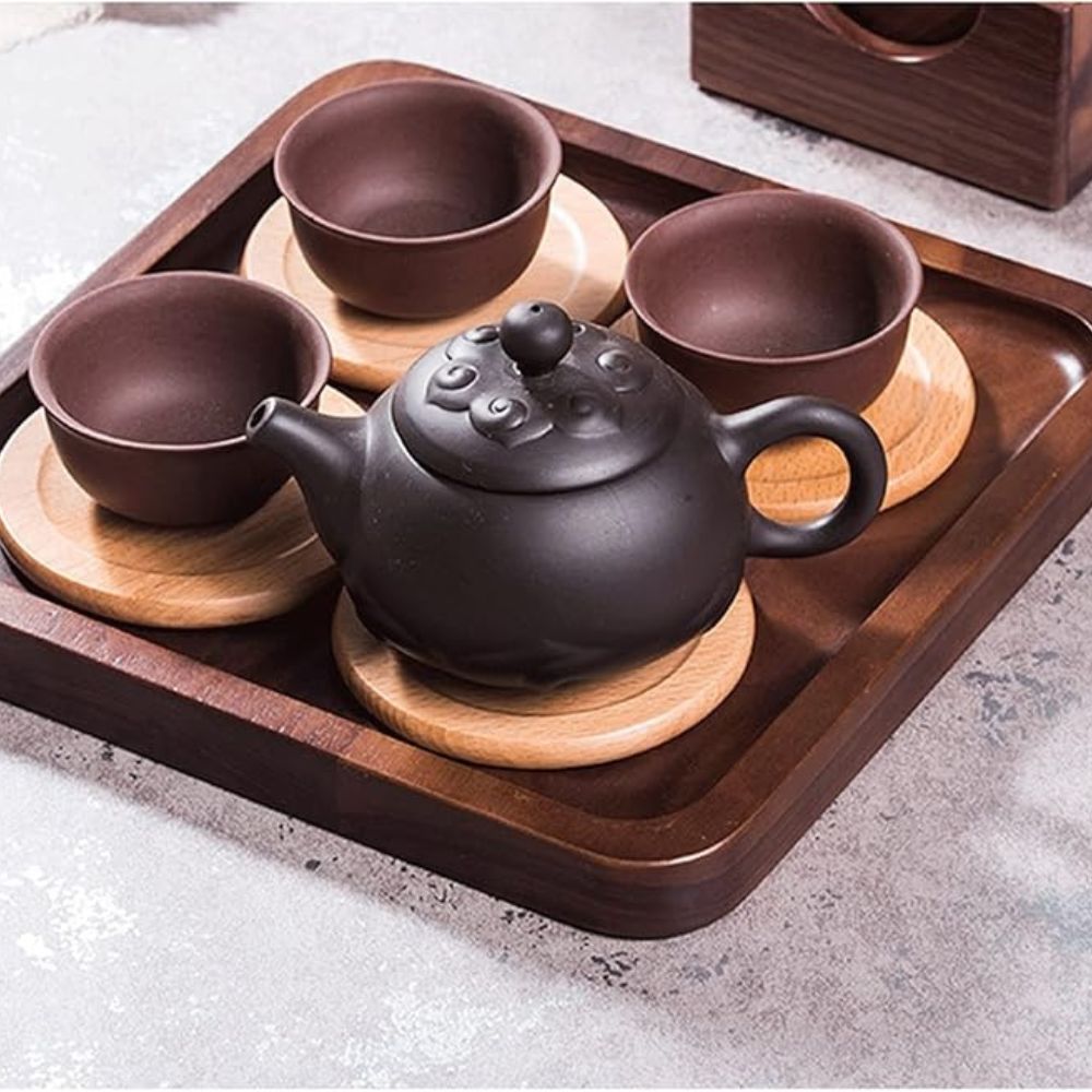 Japanese Walnut Wood Coaster Set - 6 Circular Coasters
