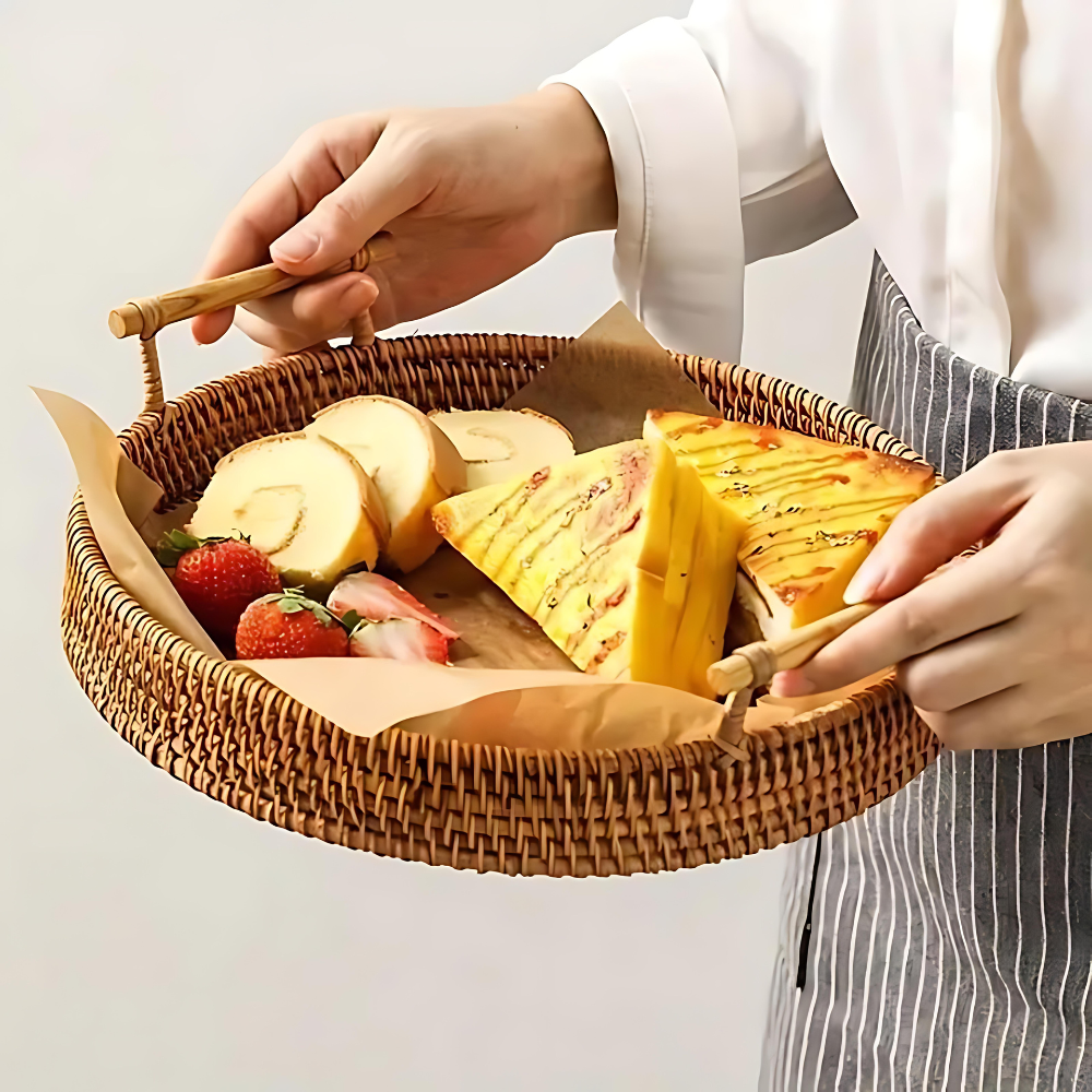 Handcrafted Rattan Serving Tray with Sturdy Handles