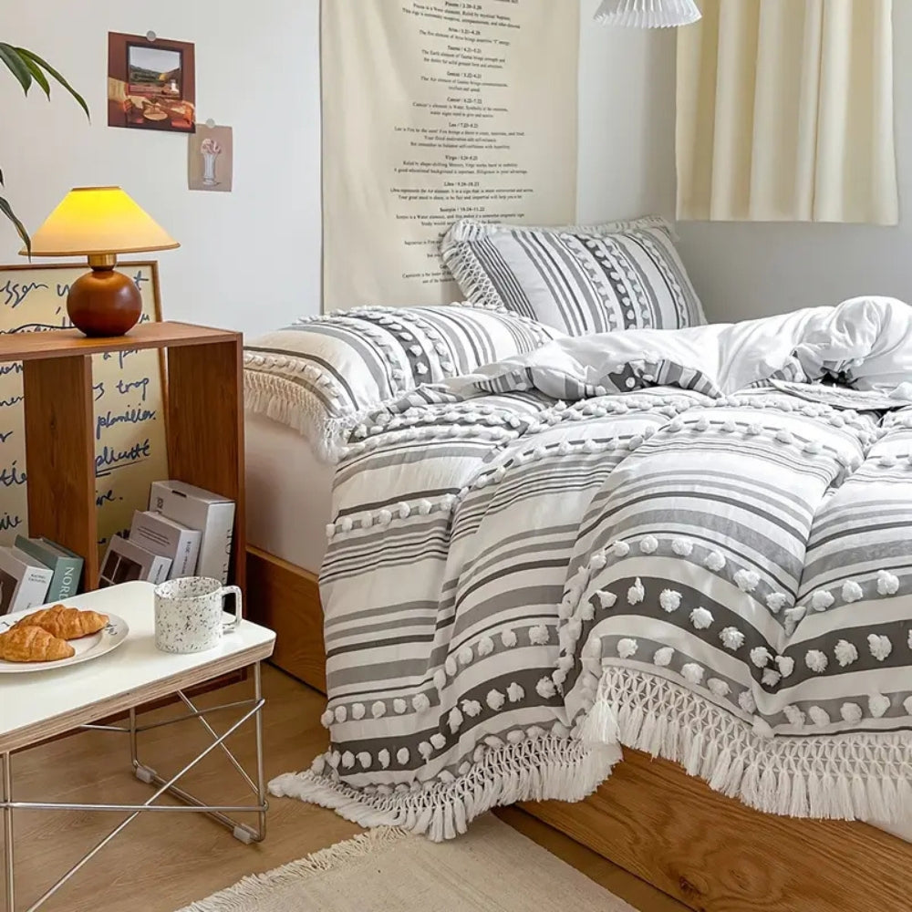 Soft Stripe Tassel Duvet Set - Cotton Microfiber Blend
