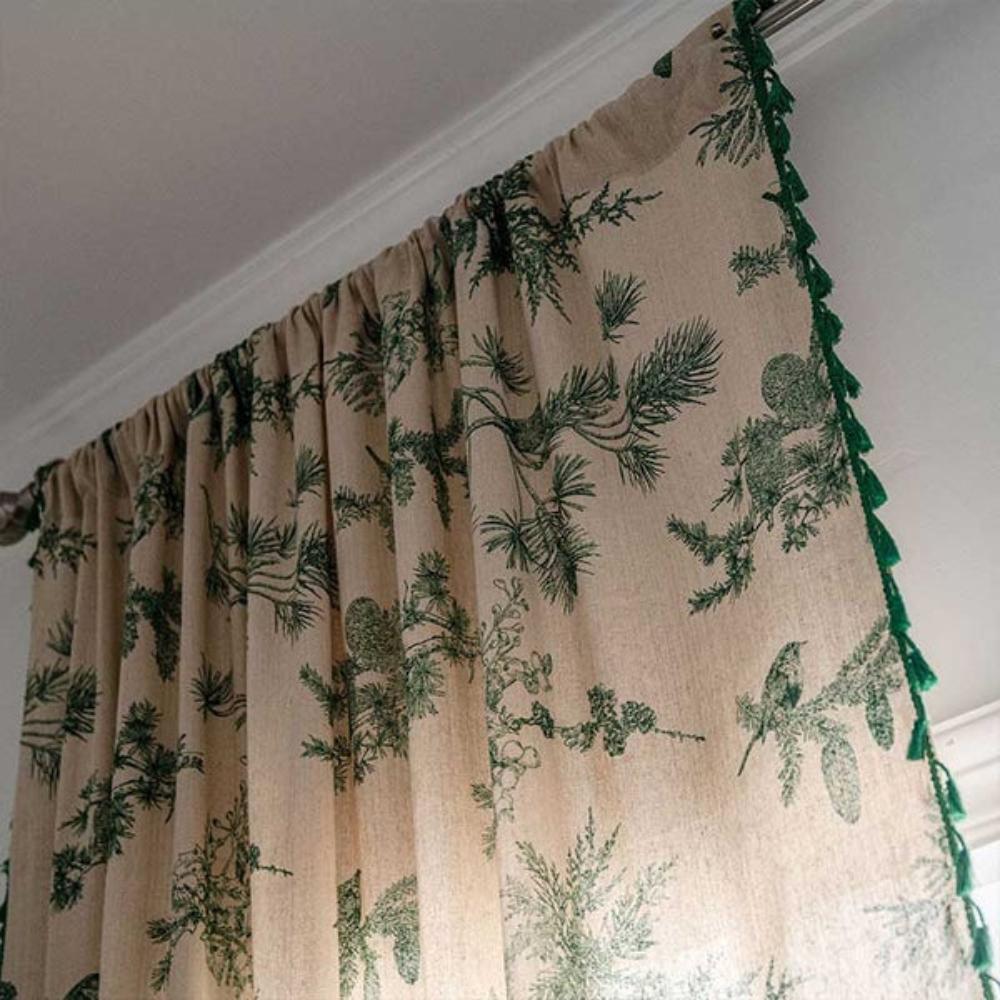 Green Pine Bird Pattern Semi-Blackout Tassel Curtain