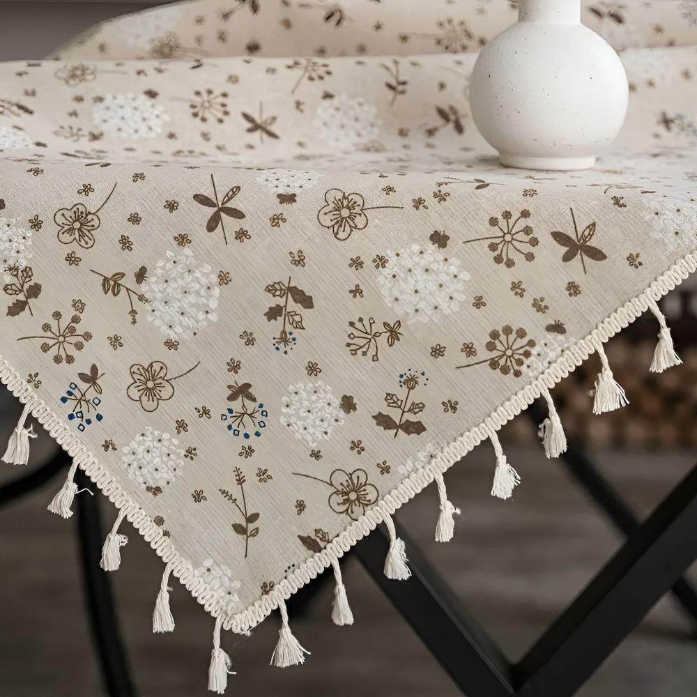 Beige Bohemian Floral Tassel Tablecloth