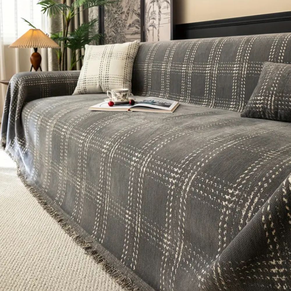 Chesterfield Plaid Chenille Sofa Cover with Anti-Slip Design