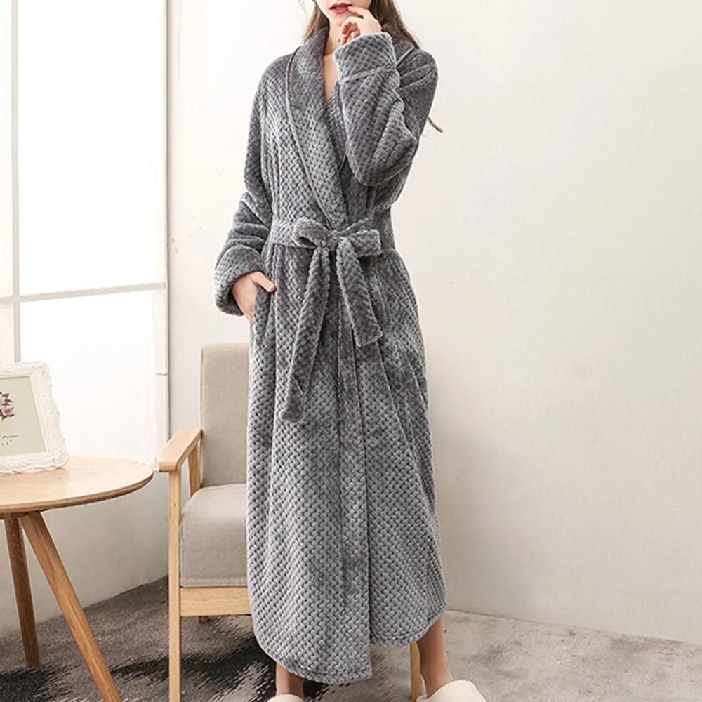 Unisex Fleece Winter Bathrobe with Pockets and Belt