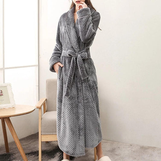 Unisex Fleece Winter Bathrobe with Pockets and Belt