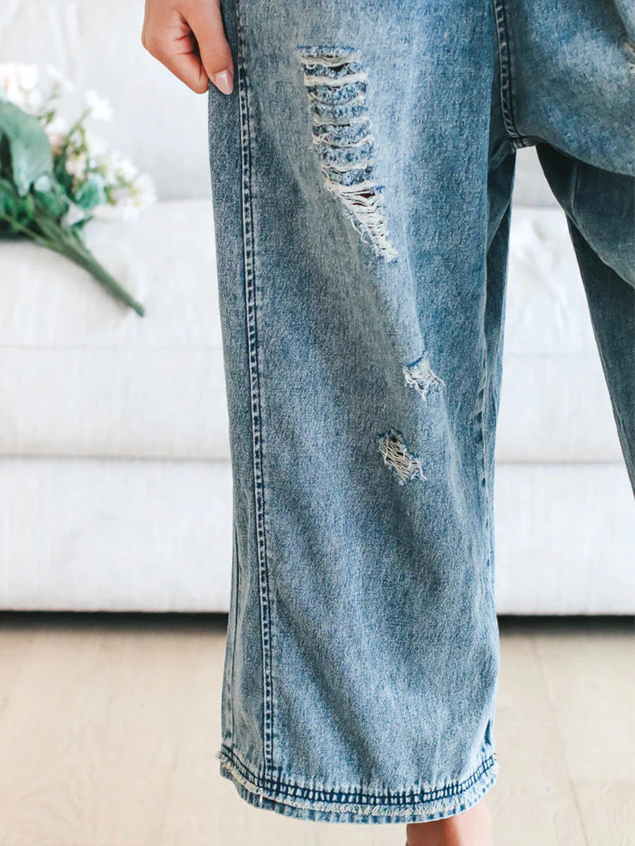 Loose Fit Distressed Denim Overalls with Adjustable Straps