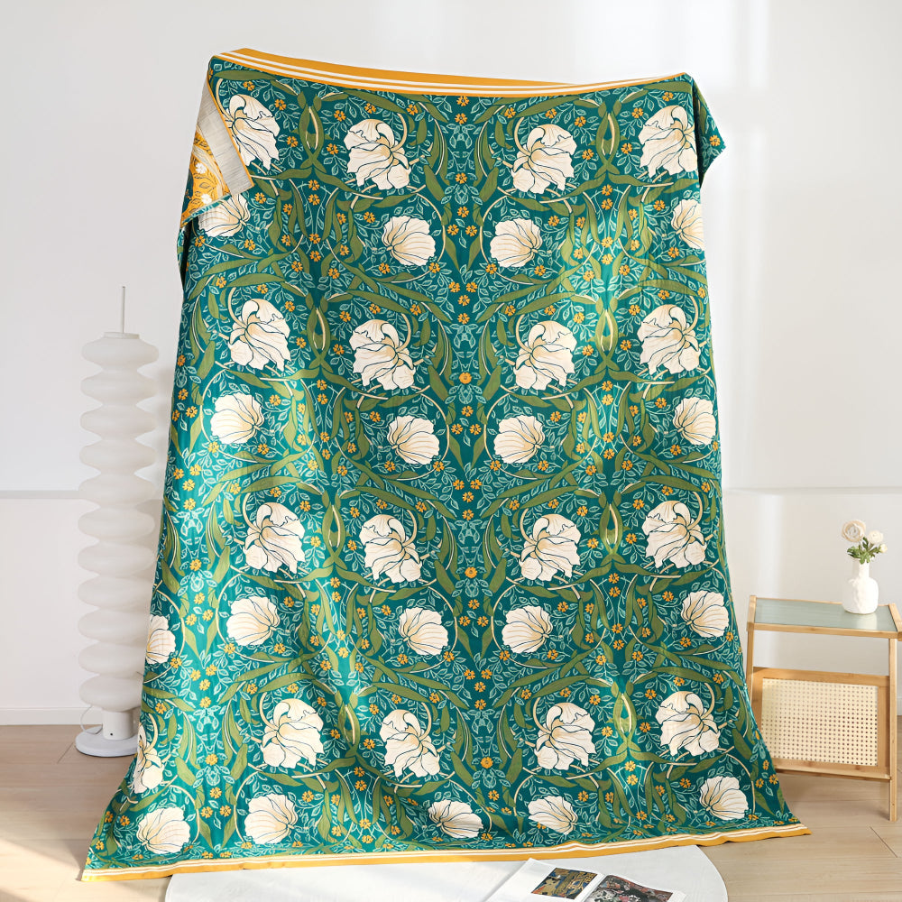 Botanical Green Cotton Blanket with Golden Border
