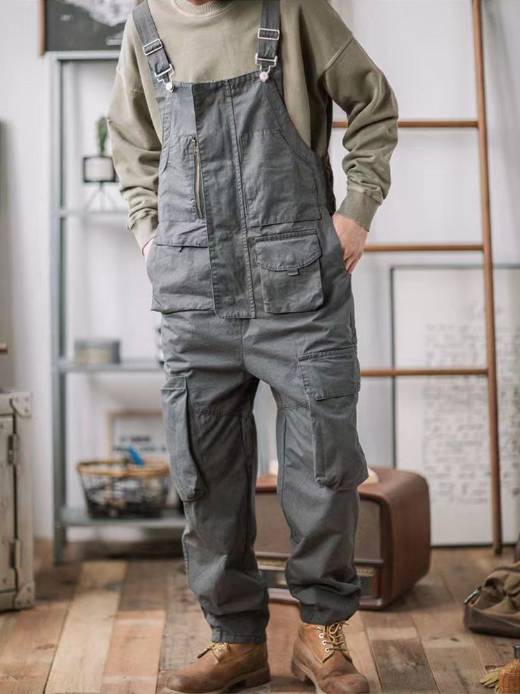 100% Cotton Loose Fit Tapered Leg Overalls with Zipper Pockets