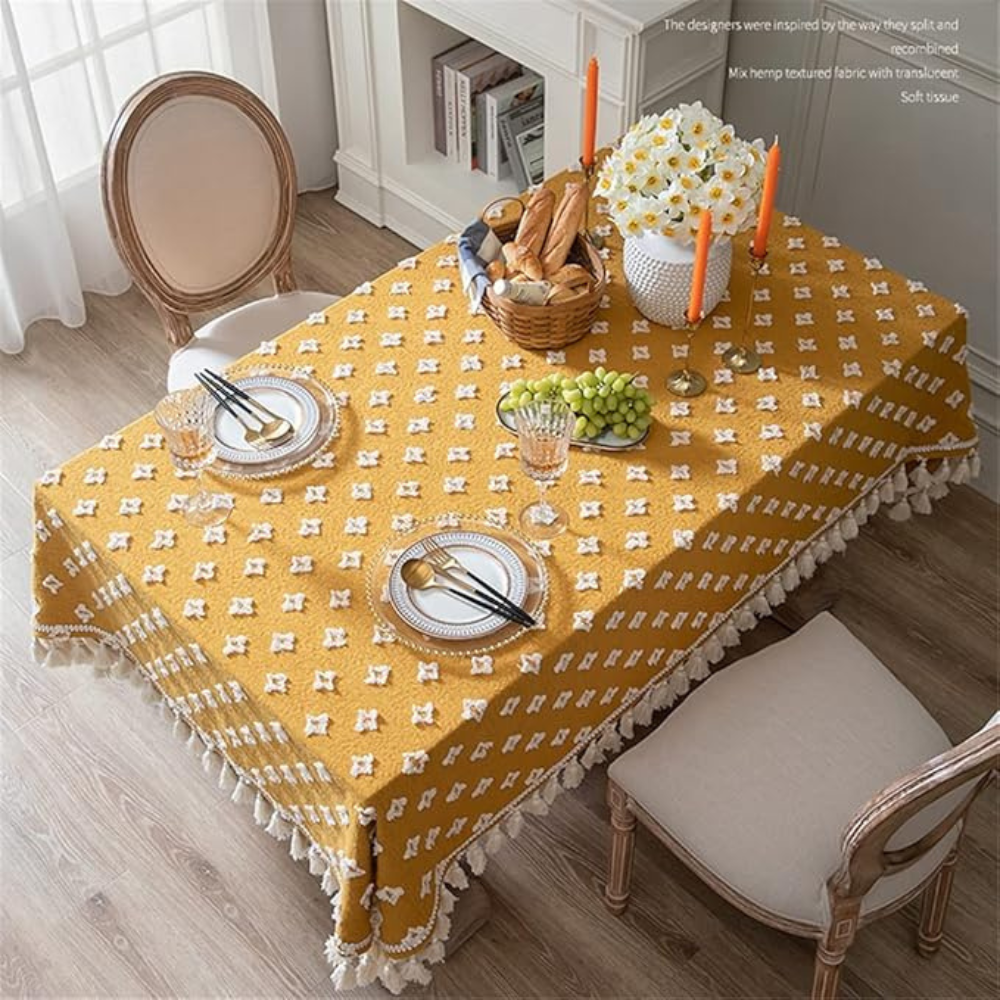 Yellow Embroidered Cotton Tablecloth with Tassels