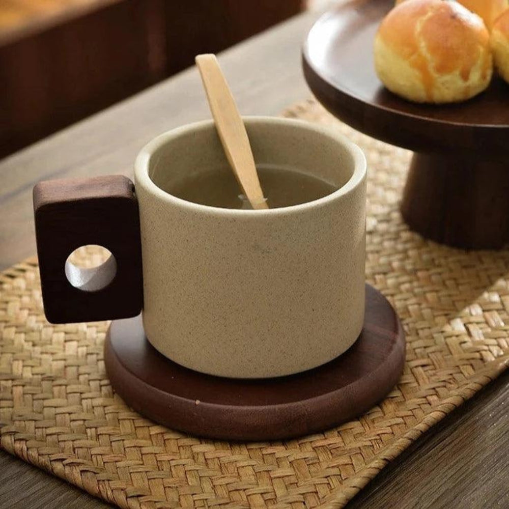 Modern Ceramic Mug with Wooden Handle