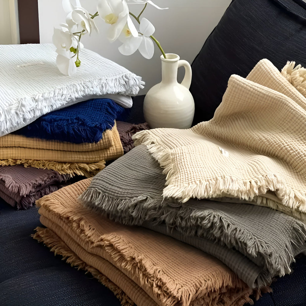 Cotton Crinkle Texture Tassel Throw Blanket