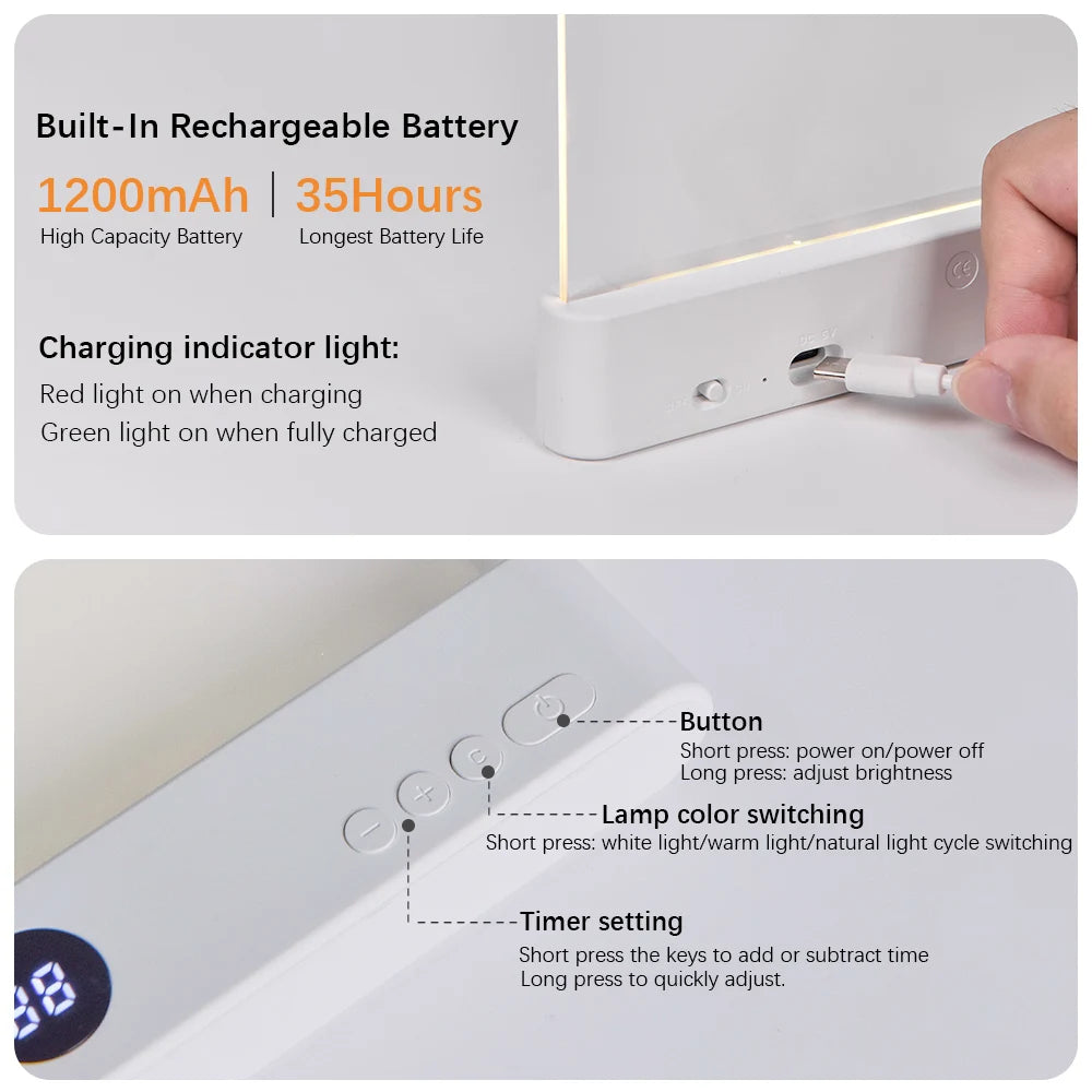 Rechargeable LED Flat Panel Reading Light with Adjustable Color Temperature and Dimming