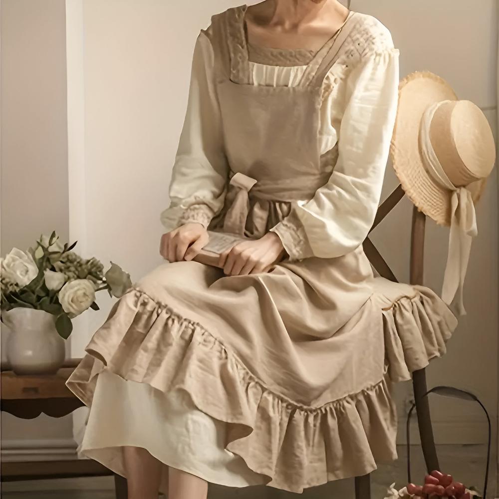 Rustic Ruffle Linen Apron with Front Pocket