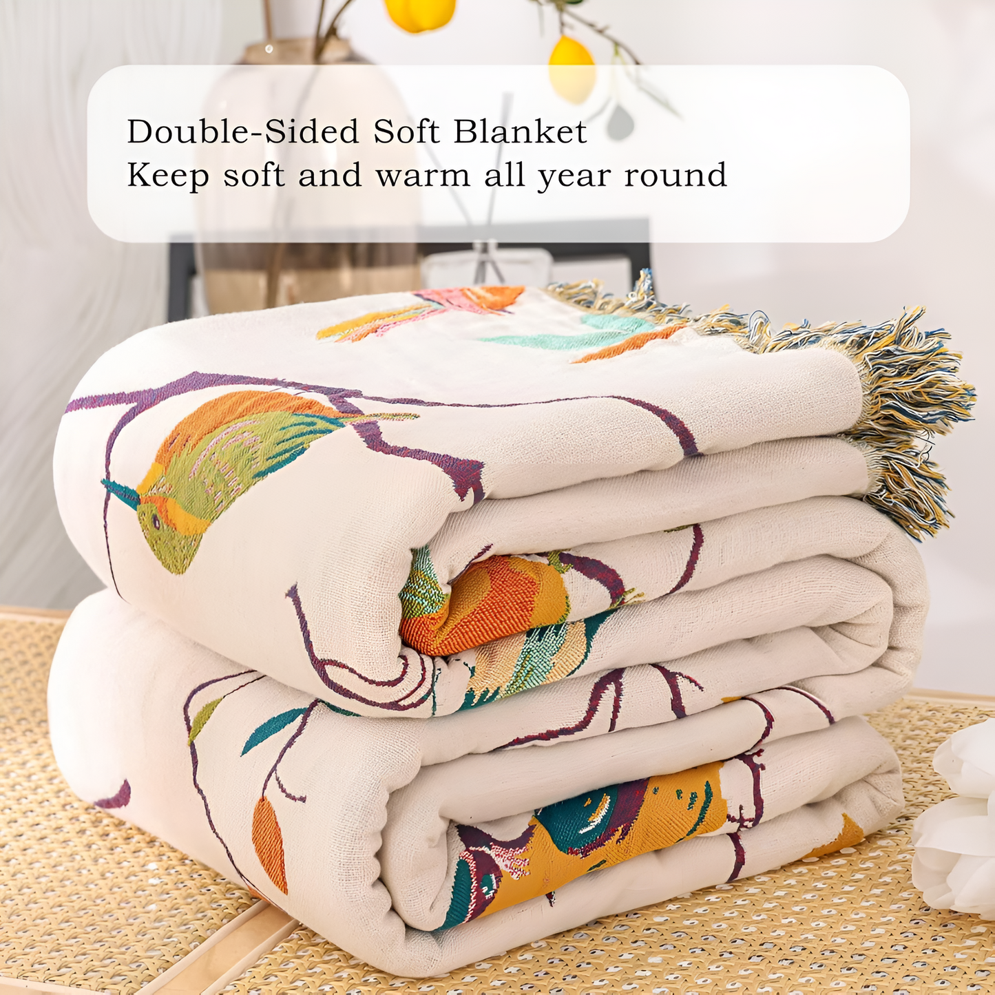 Whimsical Bird Cotton Blanket with Tassels