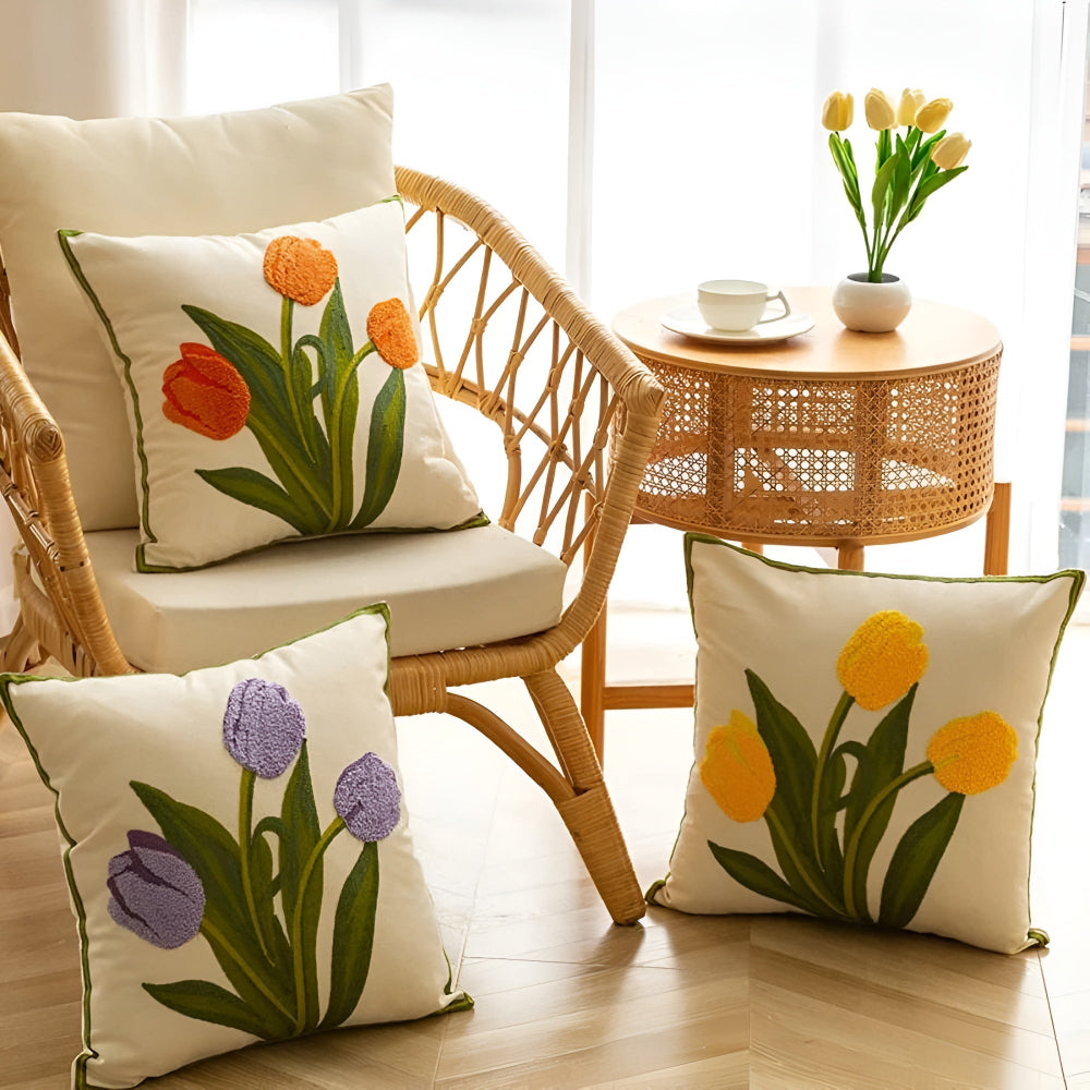 Boho-Chic Floral Embroidered Cotton Cushion Cover
