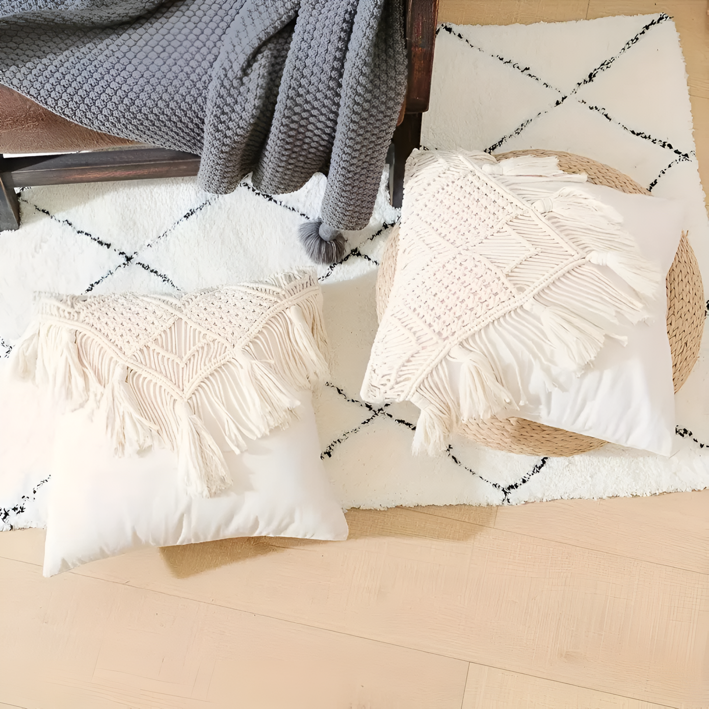 Vintage Macrame Burlap Cushion Cover with Tassels