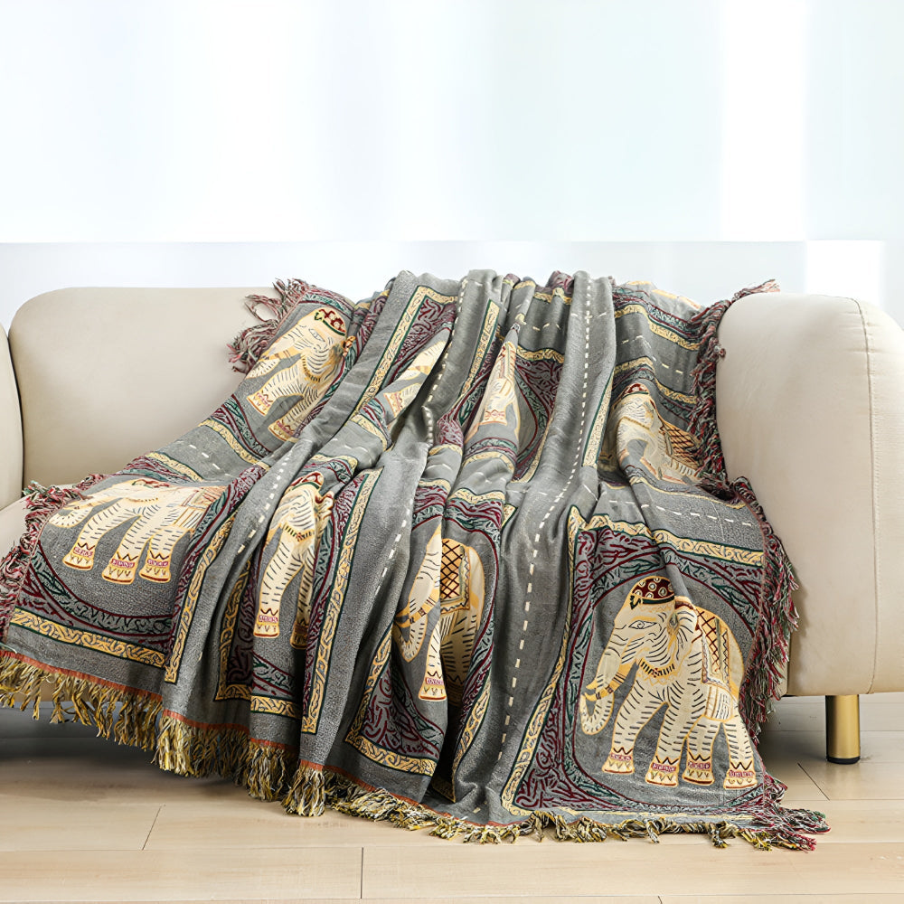 Elephant Print Cotton Gauze Tassel Blanket