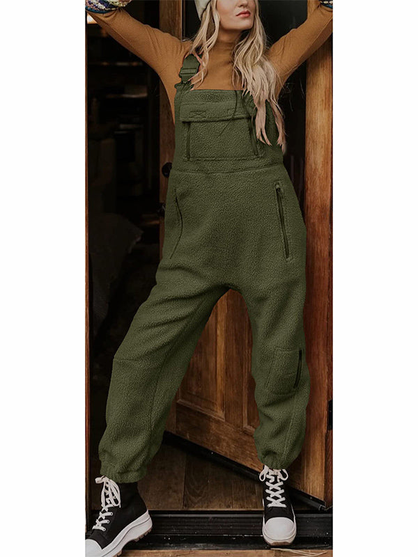 Women's Fleece Thermal Overalls with Adjustable Straps and Zippered Pockets