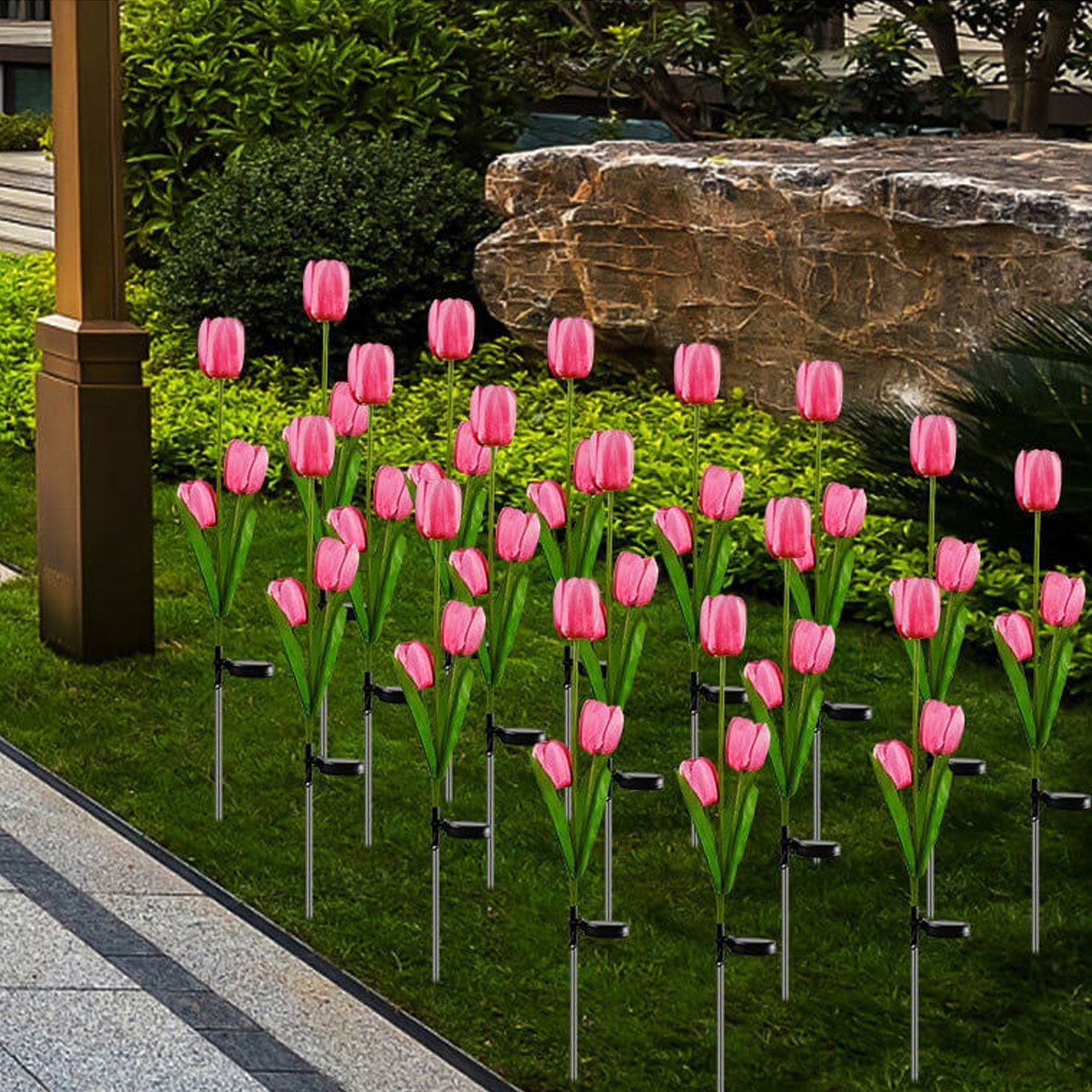 Solar LED Tulip Flower Garden Light Stake - Pink & Green