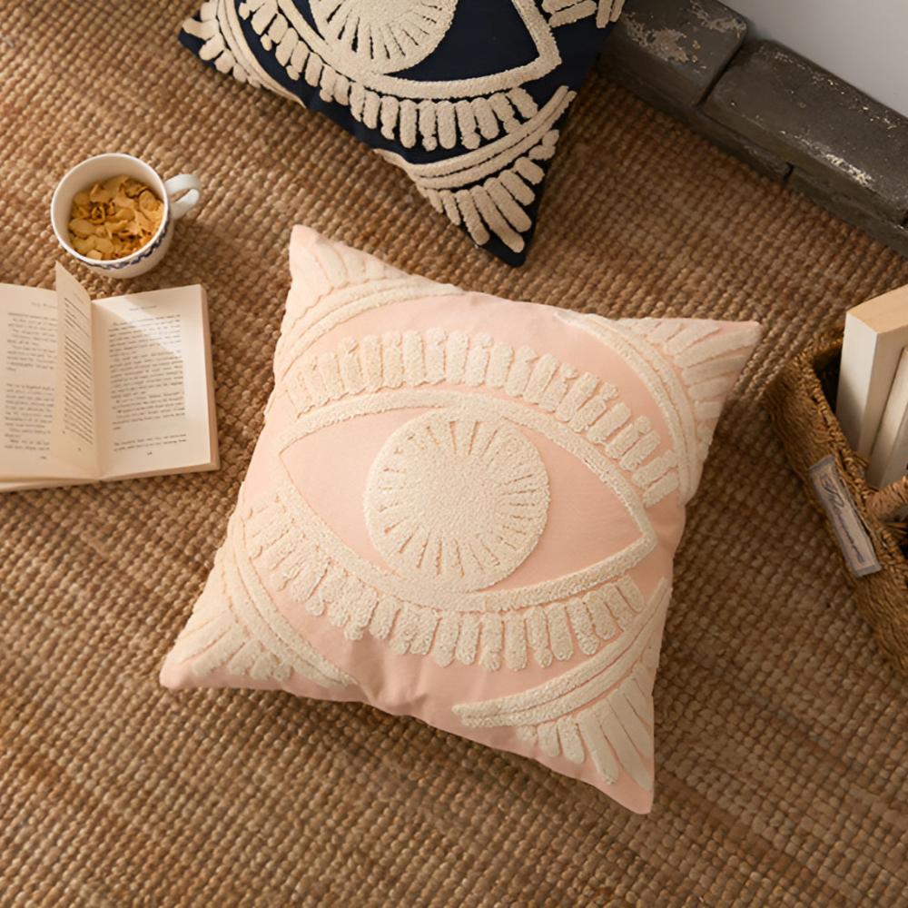Boho Eye Embroidered Cotton Cushion Cover