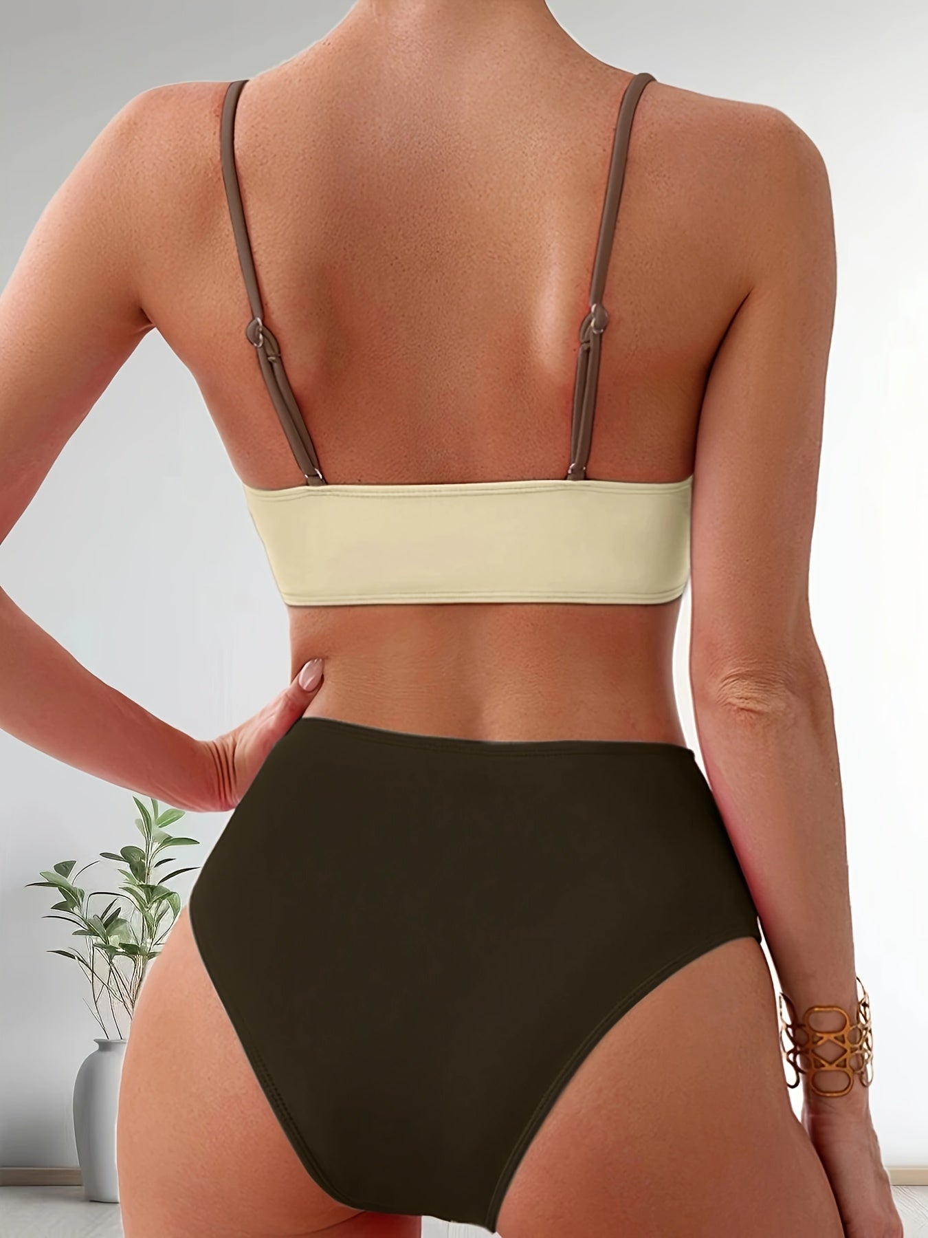 Patchwork V-Neck Bikini Swimsuit with Adjustable Straps