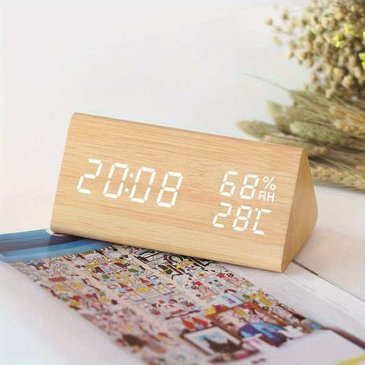 Modern Wooden LED Digital Alarm Clock with Temperature and Humidity Display