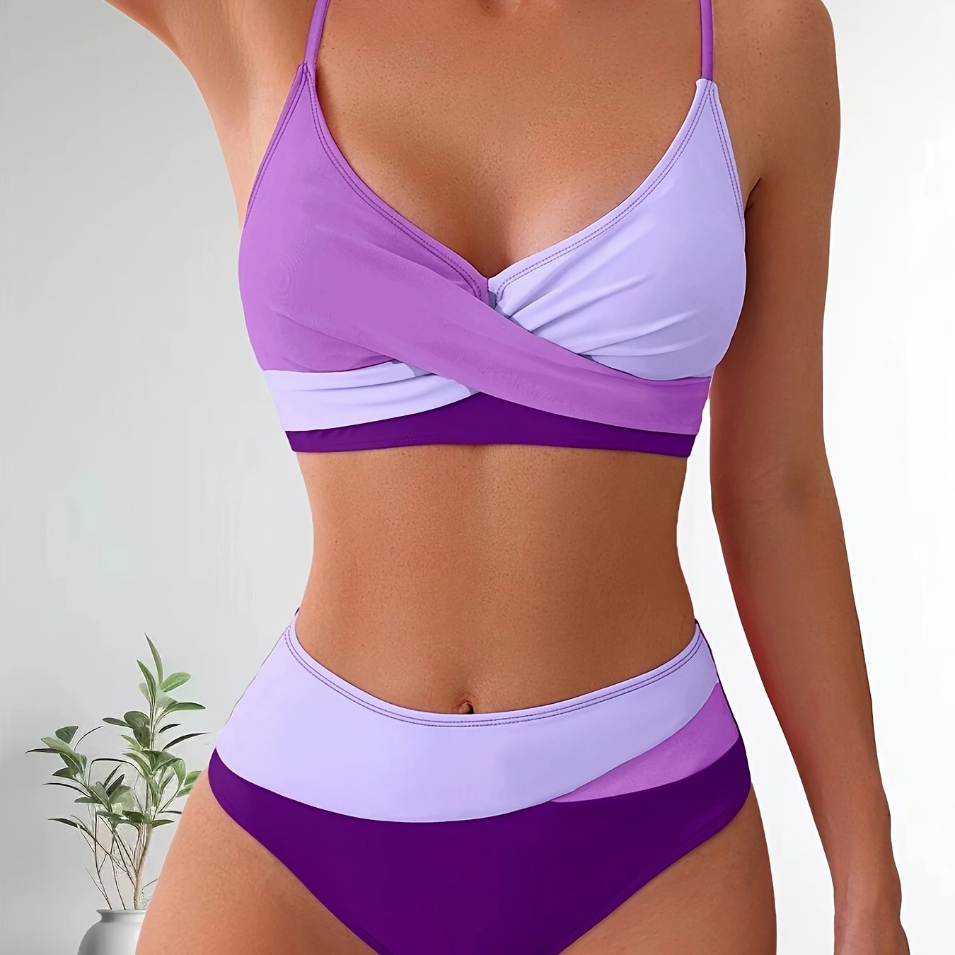 Patchwork V-Neck Bikini Swimsuit with Adjustable Straps