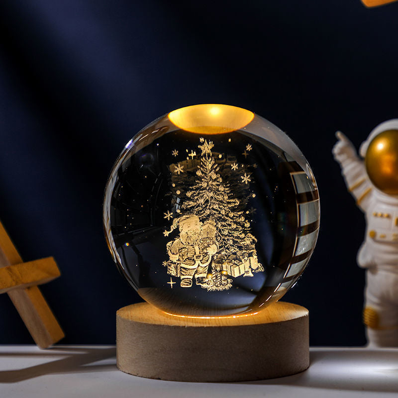 3D Solar System Crystal Ball Night Light with Wooden Base