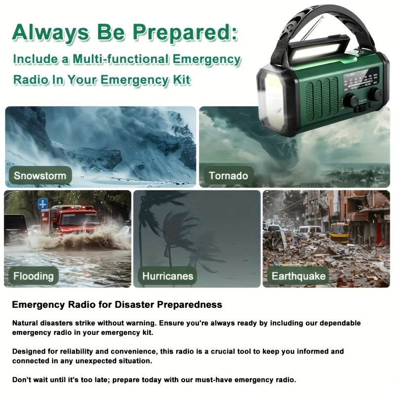 Emergency Solar Crank Radio with 10,000 mAh Power Bank, LED Light, SOS Alarm, and Compass