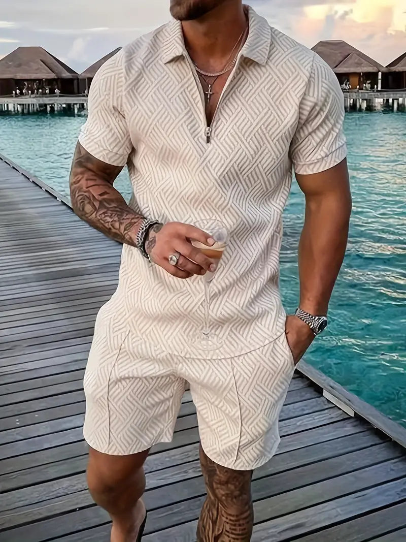 Geometric Pattern Men's Summer Polo and Shorts Set