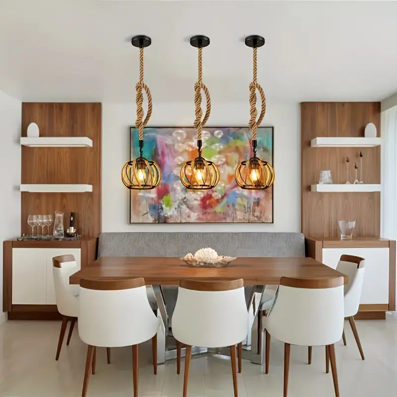 Industrial Pendant Light with Braided Cord and Metal Frame