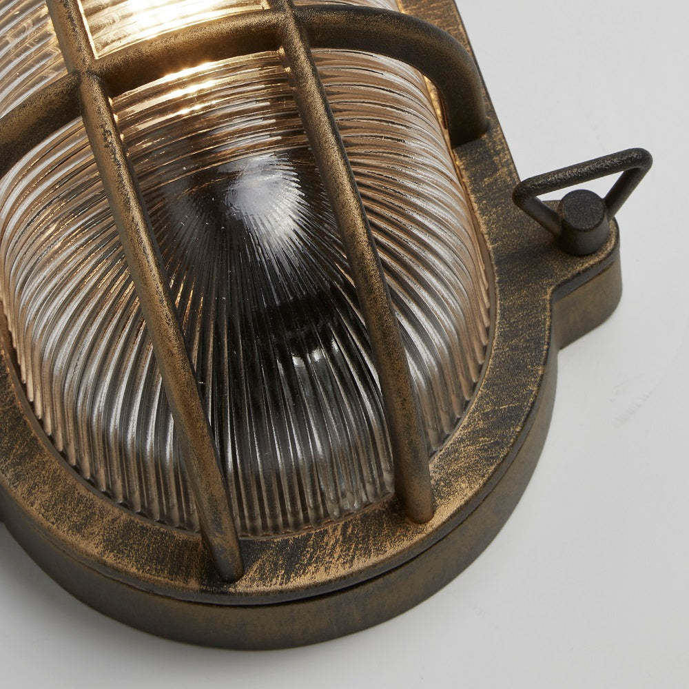 Antique Brass Ribbed Glass Outdoor Wall Light 9.8 Inch