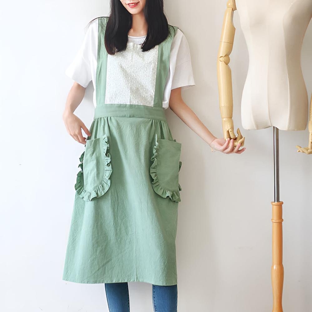 Chic Ruffle Pocket Cotton-Linen Apron