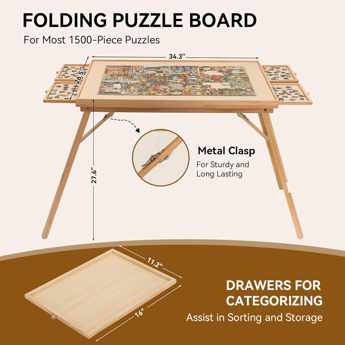Foldable Puzzle Table with Drawers for 1500-Piece Puzzles