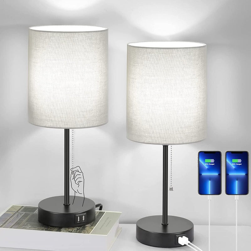 Gray Table Lamps Set of 2 with USB Ports and AC Outlet, Modern Minimalist Design
