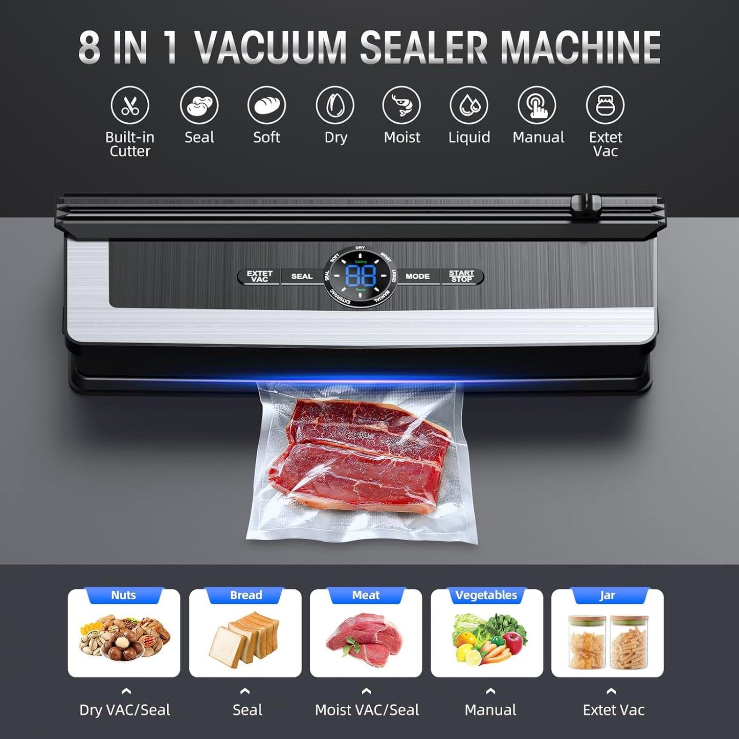 8-in-1 Vacuum Sealer with Built-in Cutter and 15 Bags