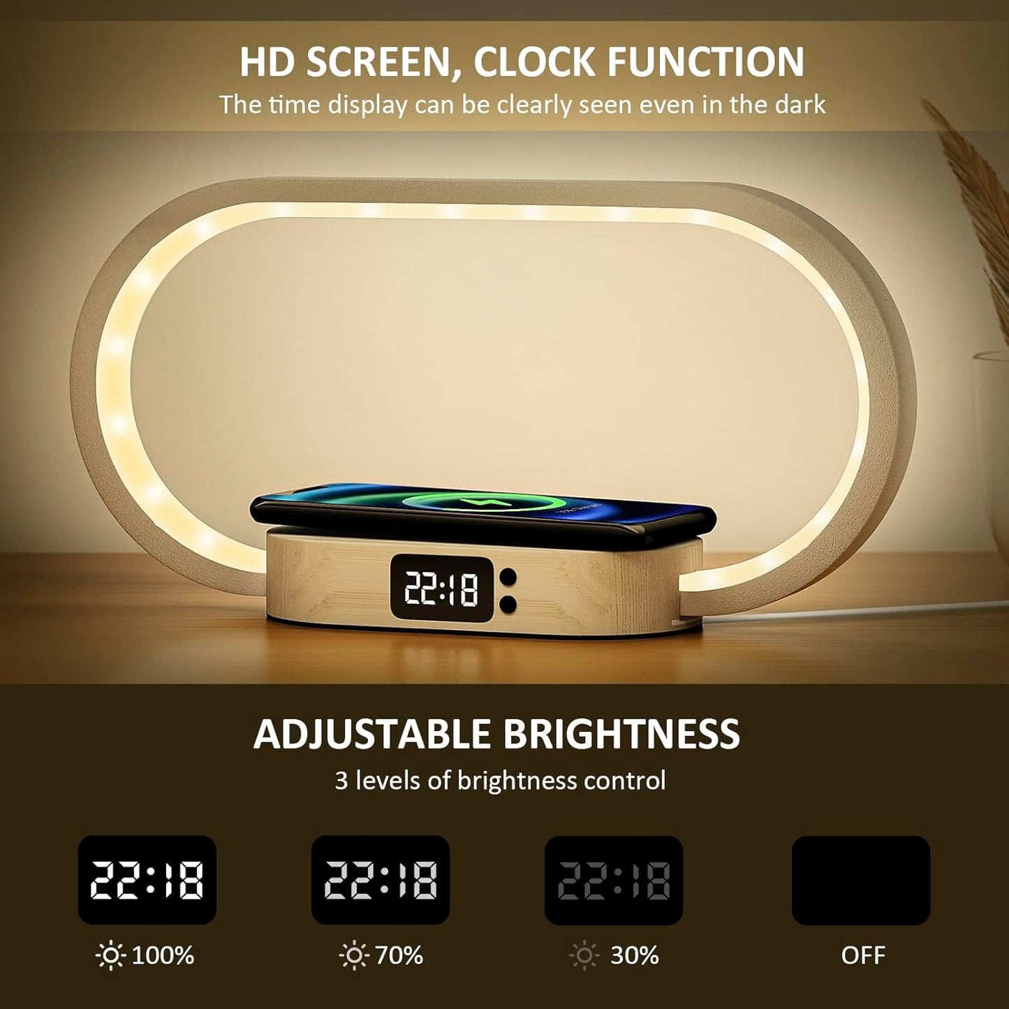 Wireless Charging Bedside Lamp with Clock and Touch Control