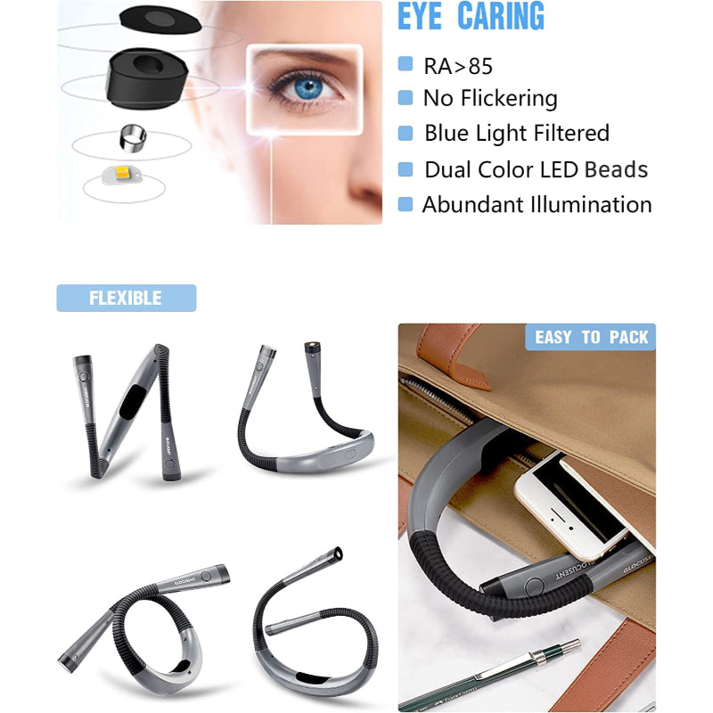 LED Neck Reading Lamp with Adjustable Arm, Rechargeable, 3 Color Modes, 6 Brightness Levels, Eye-Friendly Design