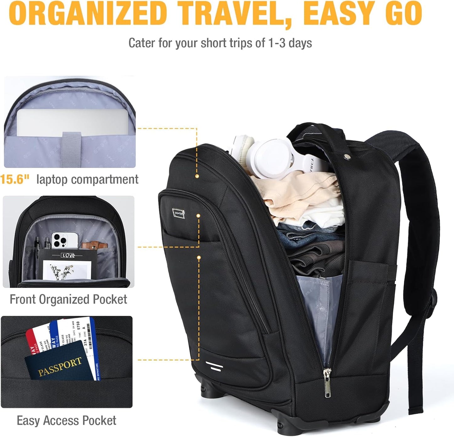30L Water-Resistant Rolling Laptop Backpack with 4 Spinner Wheels