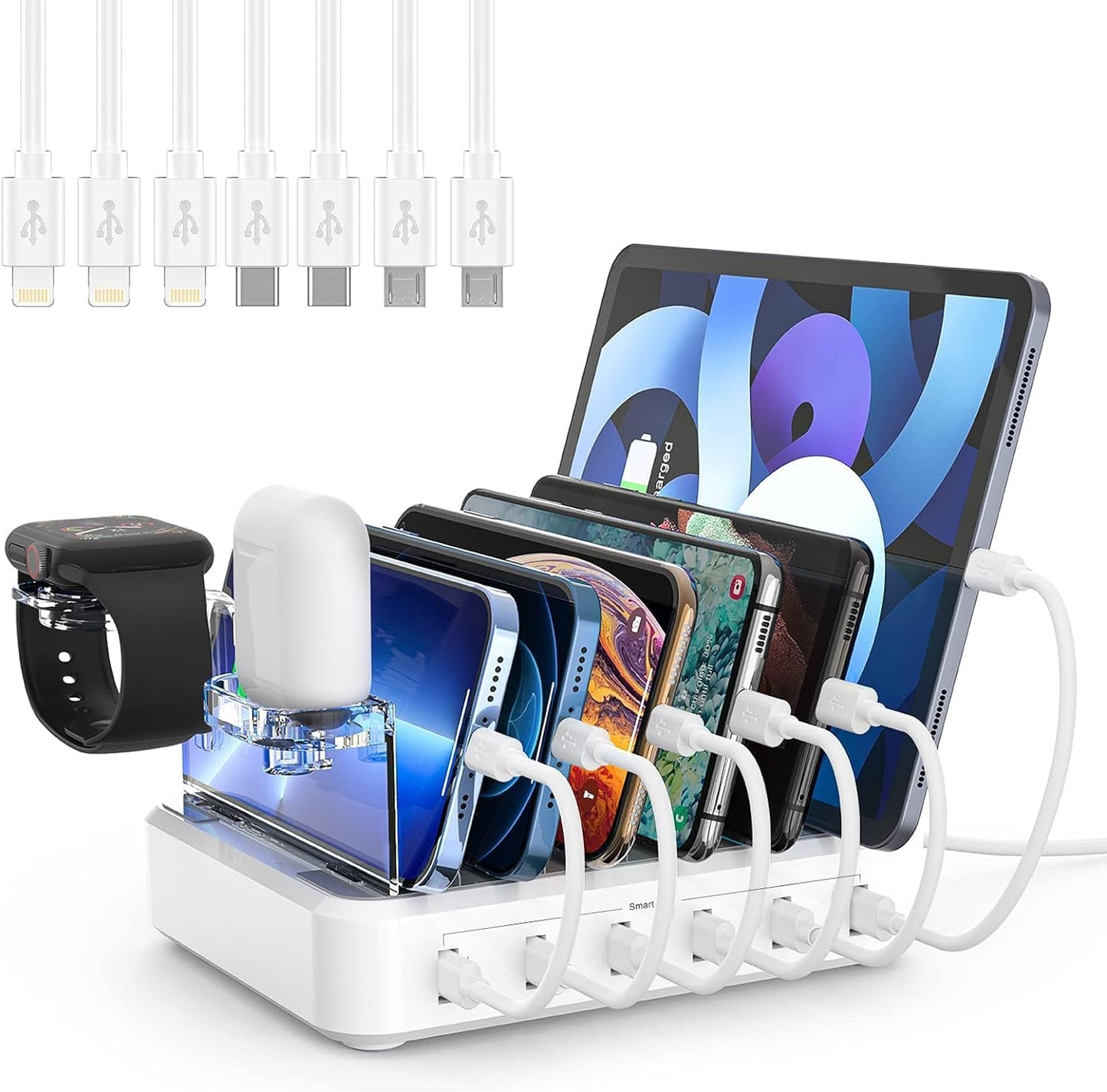 6-Port Fast Charging Station with Adjustable Dividers and Earbud Holder