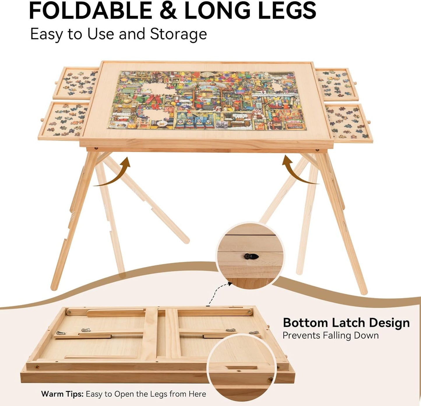 Foldable Puzzle Table with Drawers for 1500-Piece Puzzles
