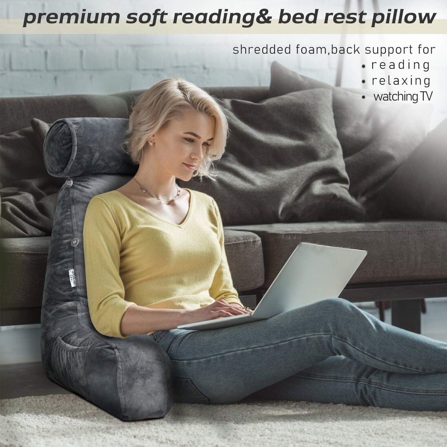Adjustable Reading Bed Pillow with Arms and Side Pocket